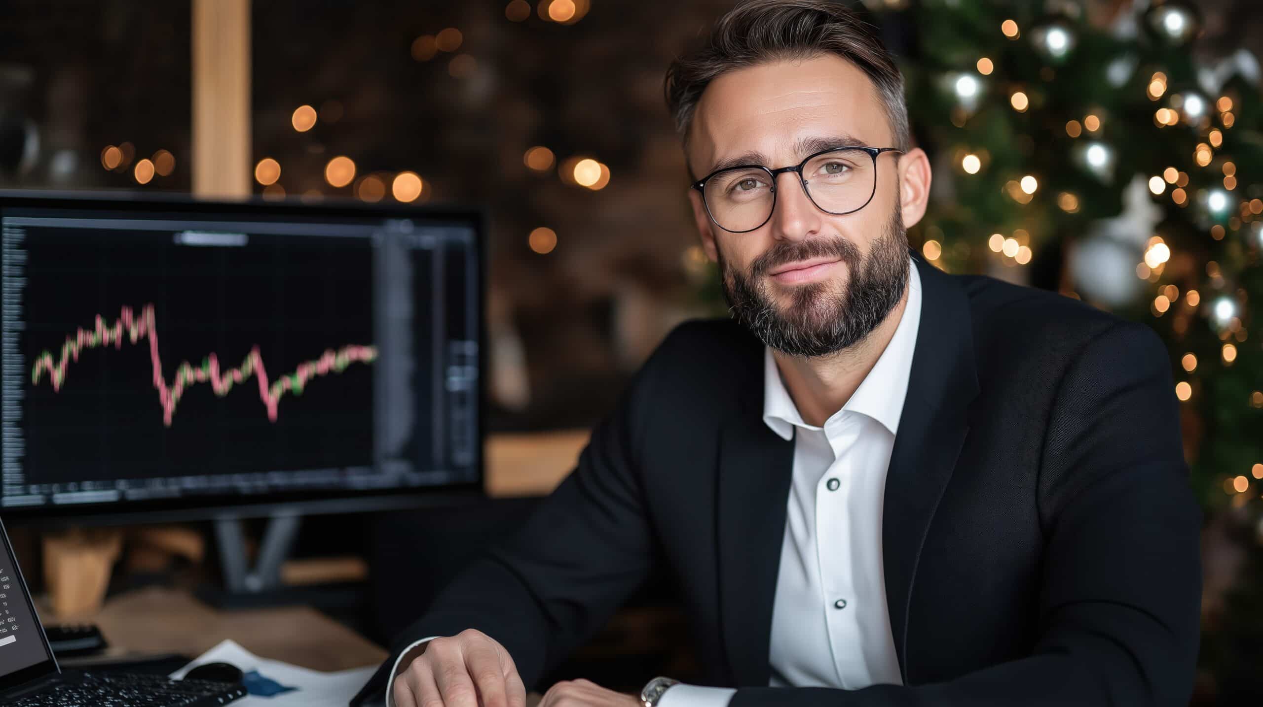 Hedge fund manager presents market insights to investors in a sleek office setting filled with digital charts and financial data